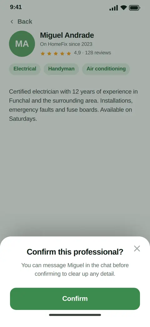 HomeFix: professional profile and booking confirmation
