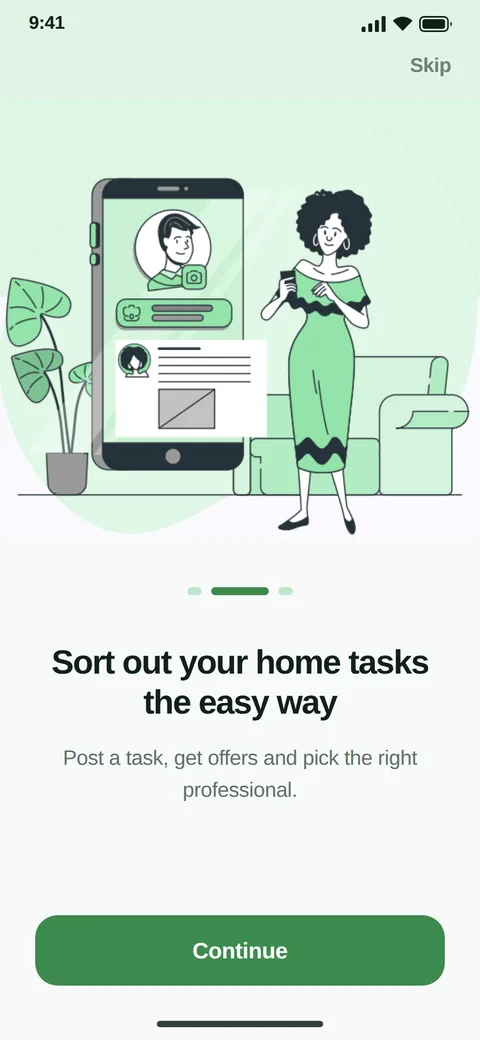 HomeFix app screen: post a task and receive offers from professionals