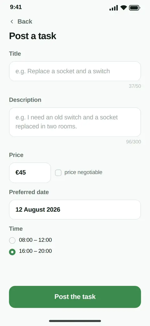 HomeFix: posting a task with description, price, date and time