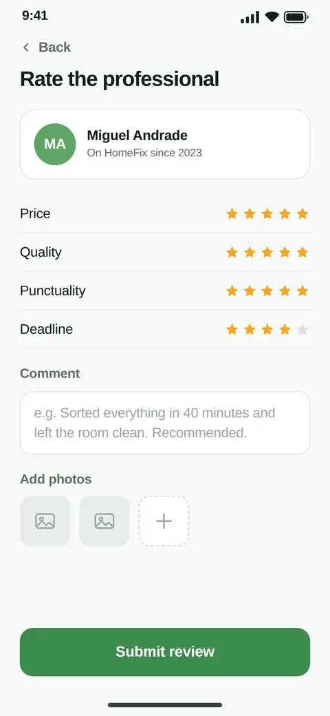 HomeFix: mutual review between client and professional